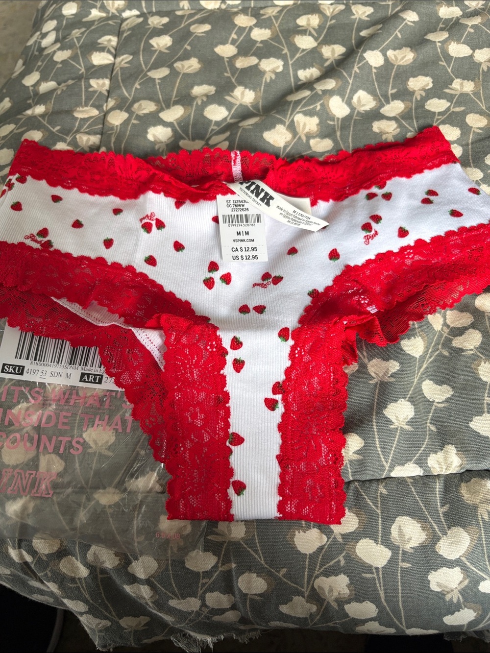 7️⃣1️⃣2️⃣ PINK Victoria's Secret White Strawberry Print Briefs with Red Lace